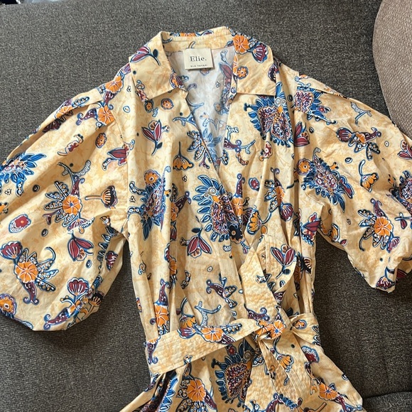 Elie Tahari Giraffe Multicolor Puff Sleeve Tie Waist Blouses Size L - Picture 7 of 13